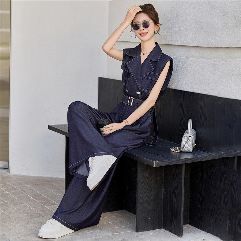 （新款现货）2026夏时尚无袖西装领天丝牛仔阔腿连体裤（配腰带）,女装连体裤,印象茜