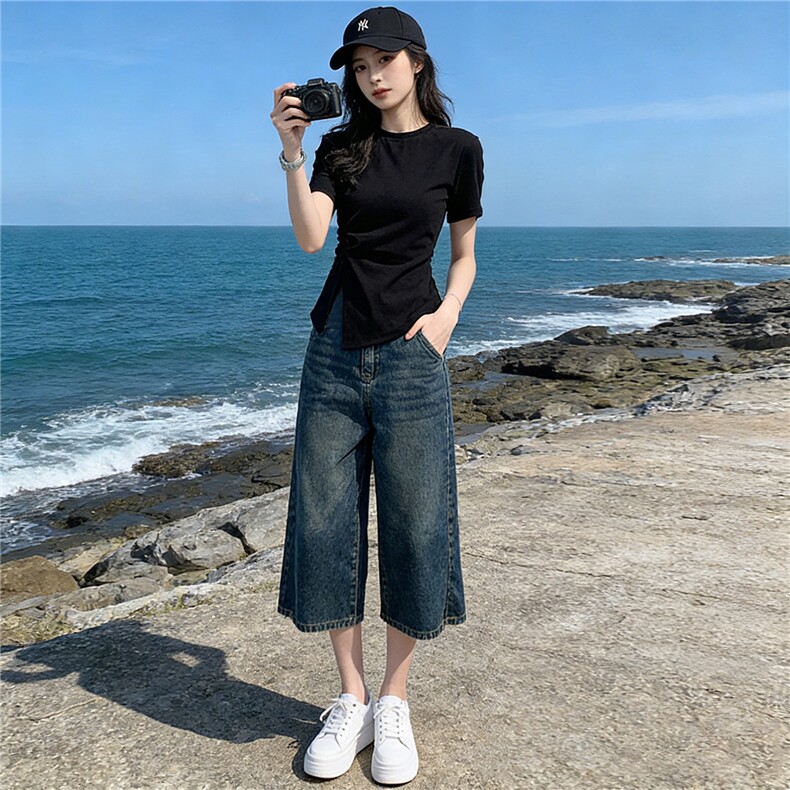 时尚简约套装女夏季新款收腰显瘦圆领开叉短袖阔腿牛仔中裤两件套,女装套装/套裙,江南