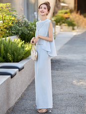 小个子穿搭一整套阔腿裤女2025夏新款高级感减龄连体裤，女装连体裤，魅丽静蓝