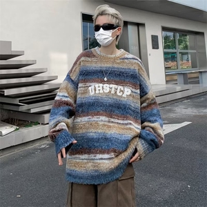 美式渐变纱刺绣字母条纹毛衣男圆领宽松慵懒风秋冬针织衫男图片