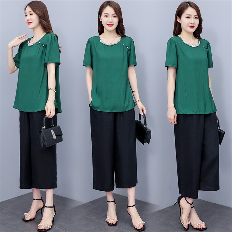 （现货）阔腿裤套装女2025夏季新款大码胖mm200斤中年妈妈两件套，女装套装/套裙，深妍伊美