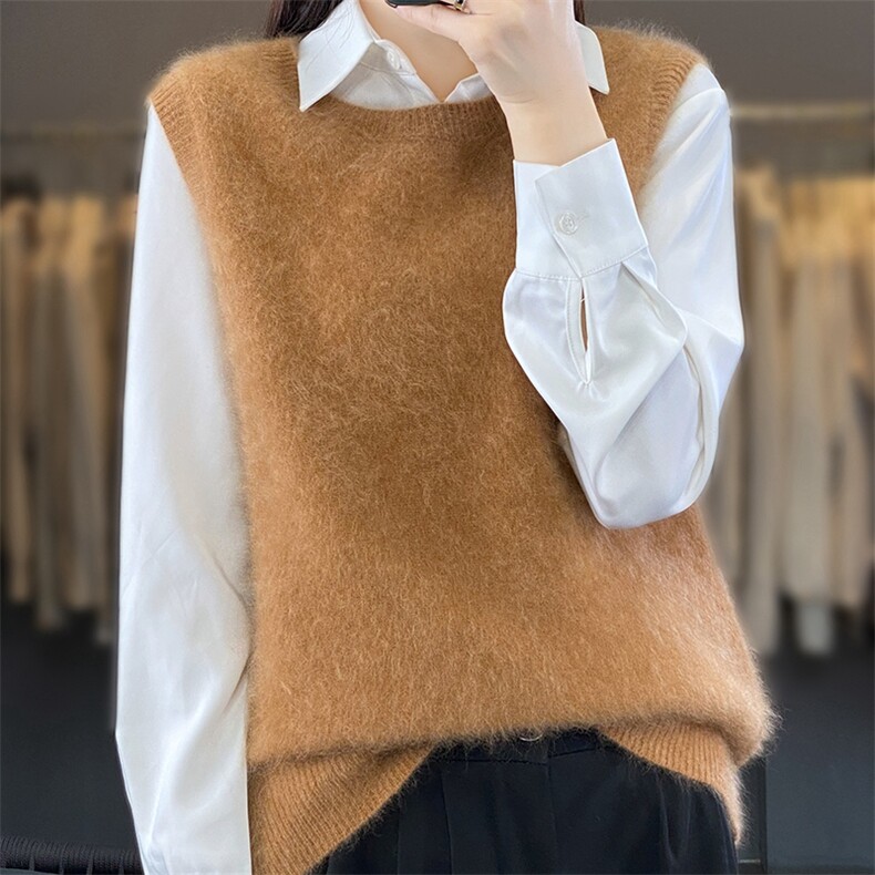 时尚百搭女圆领山羊绒拉绒背心马甲显瘦保暖秋冬必备单品,女装马甲,臻维羊绒