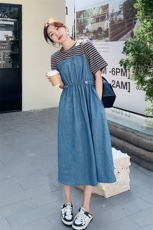 法式气质条纹拼接牛仔连衣裙女2025夏季新款韩版收腰显瘦减龄长裙，女装连衣裙，辉之琳