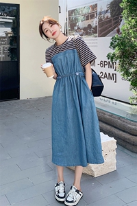 法式气质条纹拼接牛仔连衣裙女2025夏季新款韩版收腰显瘦减龄长裙图片