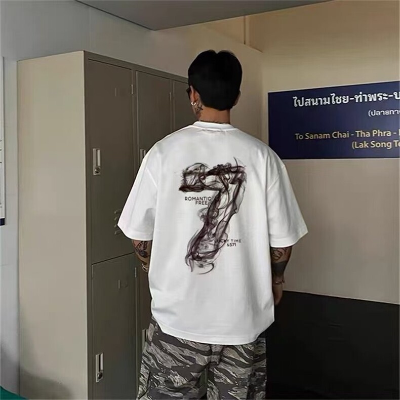 网图现货印花短袖T恤男夏季美式圆领宽松上衣914-4-D047 P38控48图片