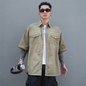 美式工装衬衫短袖夏季宽松纯棉脏染衬衣男 A436-0629-P5578图片
