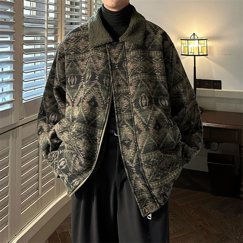 民族风针织加厚冬季提花外套波西米亚羊羔毛撞色复古棉衣886P125，男装棉衣，电商A458A