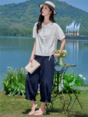 2026夏季新款薄款上衣女花边领气质休闲百搭衬衫套装女藏青直筒裤，女装套装/套裙，梦懿尔