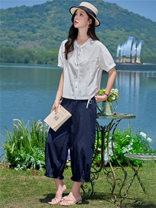 2026夏季新款薄款上衣女花边领气质休闲百搭衬衫套装女藏青直筒裤图片