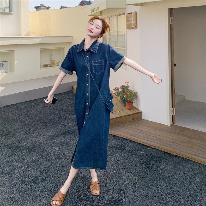 蓝色简单大方的牛仔连衣裙女2025初夏穿搭宽松休闲polo领衬衫裙子,女装连衣裙,2C176