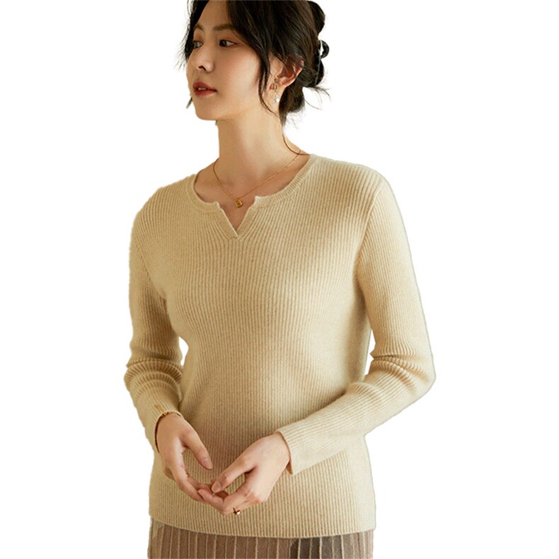 山羊绒衫女V领秋冬紧身弹力显瘦打底针织衫,女装羊绒衫,绒美人羊绒