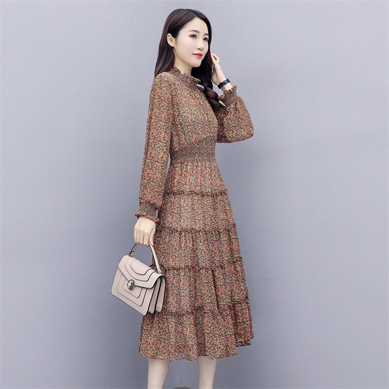 连衣裙韩版2021年春季长裙拉链碎花蛋糕裙时尚气质,女装连衣裙,岚衣(原川流布茜）