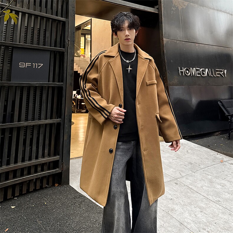 DY001-P90特现货潮牌插肩袖三条杠毛呢大衣男加厚中长款风衣外套，男装风衣，电商A456（原C415）