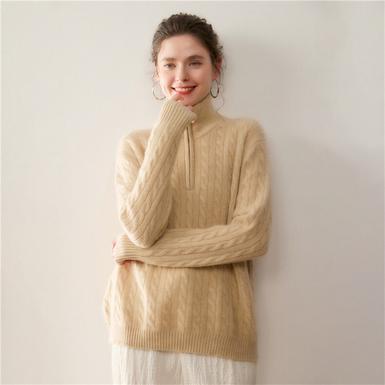 宽松慵懒半拉链翻领套头山羊绒衫2025秋冬麻花女韩版纯色针织毛衣，女装针织衫/毛衣，溪贝羊绒
