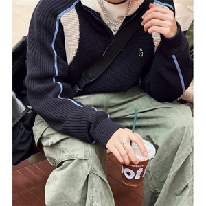半拉链毛衣男秋冬小众设计感拼接潮牌美式复古上衣痞帅外套MY055图片