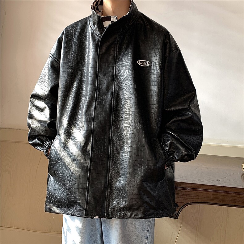 1港风两面穿大码M-5XL格子PU皮鳄鱼纹皮衣夹克男JK8753P110控149，男装皮衣，星座226-2