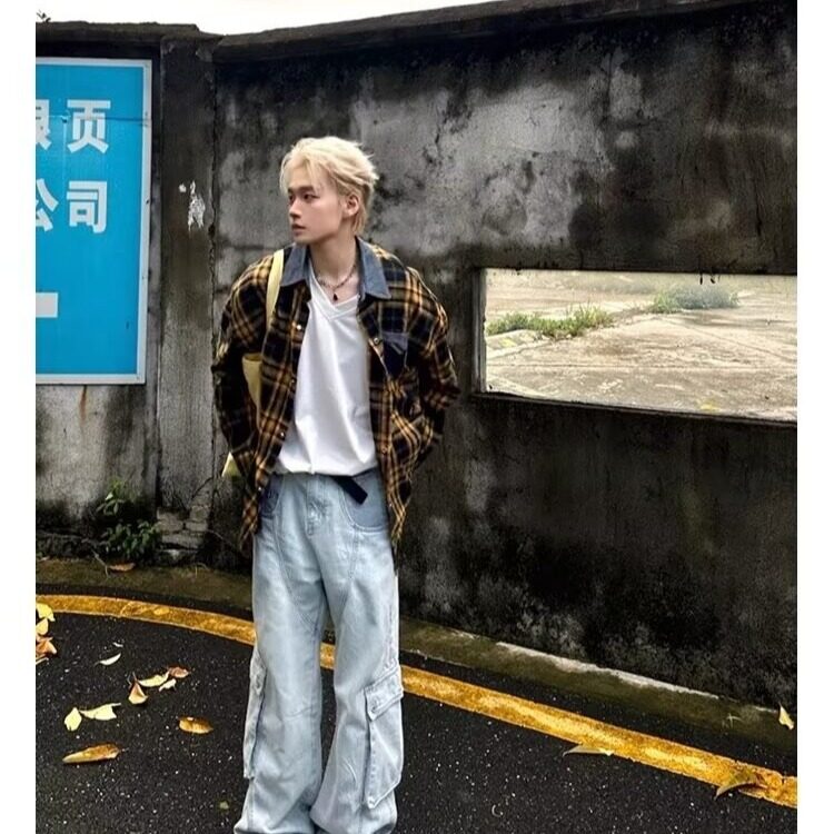 高级感外穿格子衬衫男女情侣复古宽松百搭早秋黄色格纹衬衣,男装衬衫,星座506A