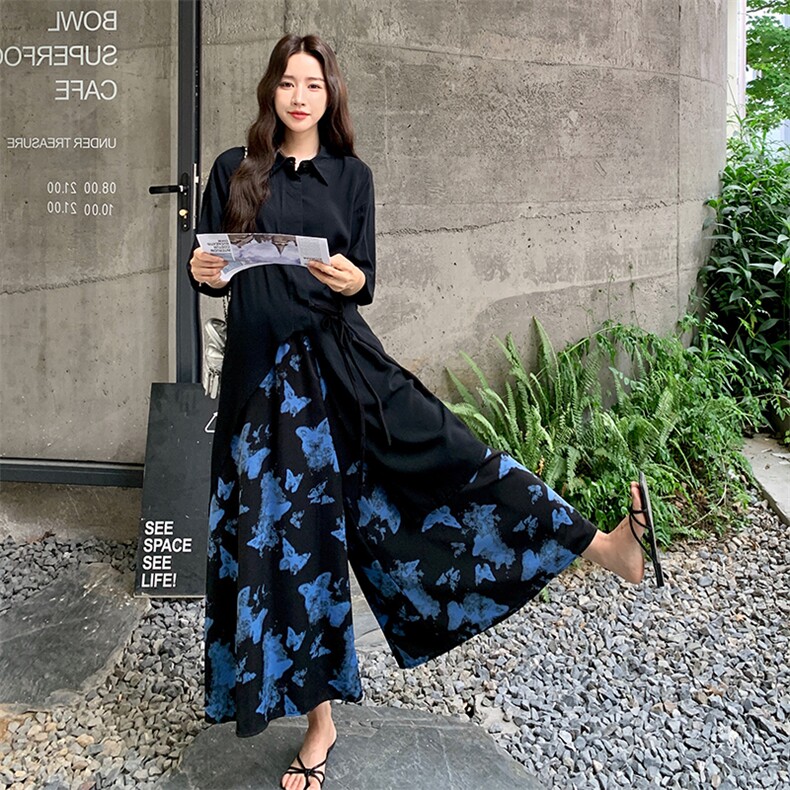 黑色衬衫连衣裙碎花阔腿裤套装女夏2025新款巨好看流行两件套爆款,女装套装/套裙,2C122