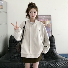 韩系宽松独特高级设计米灰色棒球服女春秋超火巨好看休闲夹克外套，女装短外套，2C201
