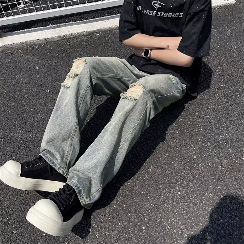 美式复古破洞牛仔裤男夏季薄款水洗做旧设计感阔腿裤TG377-P40,男装牛仔裤,星座1008