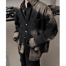 得物二开美式复古刮烂破洞牛仔外套水洗夹克渐变色男JK1281-P50，男装工装外套，星座1103-3