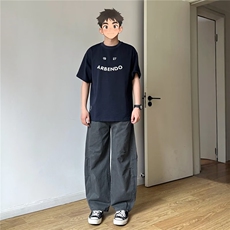 美式高街弯刀休闲裤设计感褶皱潮流宽松阔腿工装裤K90056-P50网图，男装工装外套，电商B245