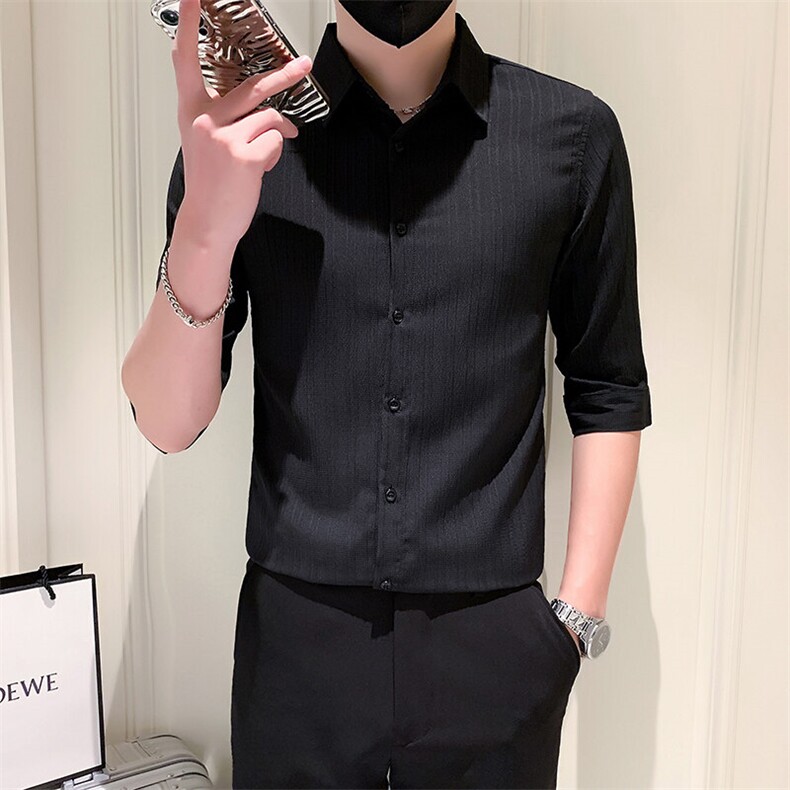 店主风社会小伙男士纯色中袖衬衫男休闲修身衬衣301A-1/CS385/P55,男装衬衫,星座301A-1