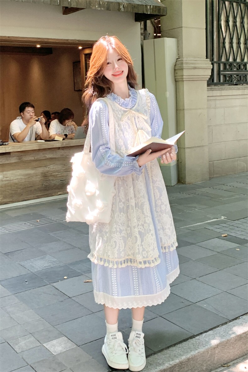小清新减龄罩衫套装女2025秋季新款显瘦蕾丝格纹长袖连衣裙两件套,女装套装/套裙,2C133