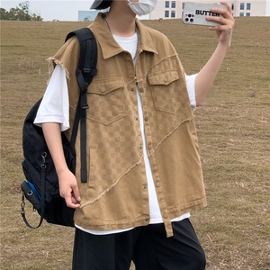 拼接格子牛仔马甲男高街潮牌宽松百搭背心外套8881 P50图片