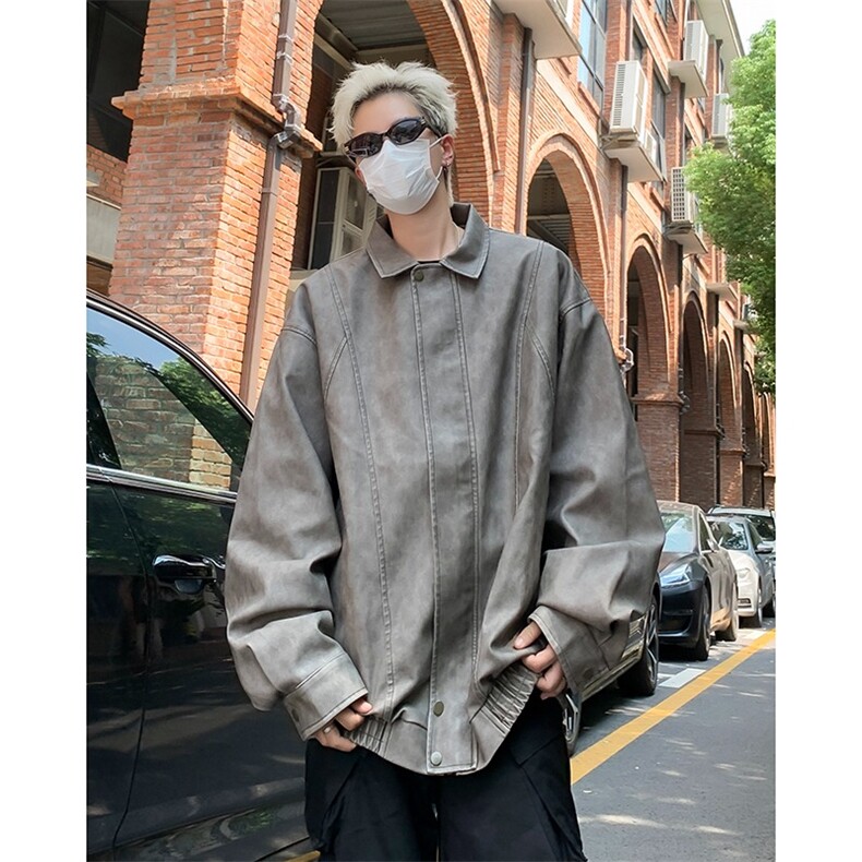 复古肌理感PU皮衣痞帅机车夹克宽松休闲分割设计翻领上衣外套Y169图片