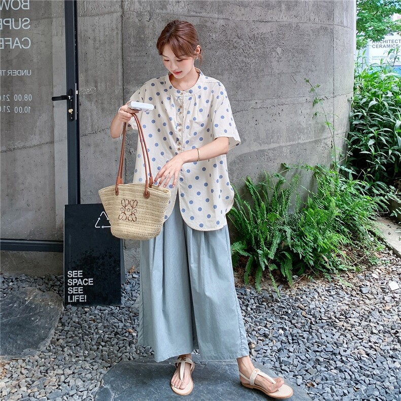 蓝色波点衬衫阔腿裤套装女夏2025新款日系两件套小个子流行超火,女装套装/套裙,2C201