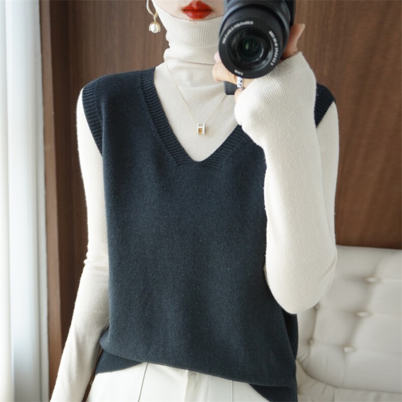 针织马甲女坎肩V领套头无袖毛衣韩版宽松休闲外搭帽衫上衣秋季新，女装马甲，春韵羊绒