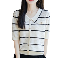 小香风提花翻领短袖t恤女夏新款宽松显瘦百搭气质条纹polo领上衣，女装针织衫/毛衣，郡淞羊绒
