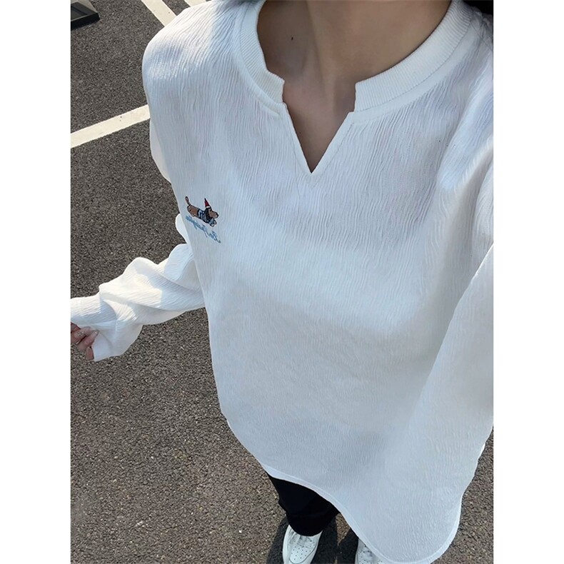 新款高街痞帅V领腊肠狗刺绣肌理感大码长袖T恤男T51122-特P28控48，男装T恤，电商A001-1