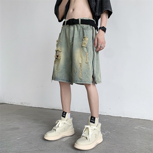 新款侧边拉链开叉牛仔裤破洞短裤男潮牌痞帅裤子高街N05588-P40图片
