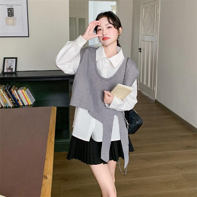 高级松弛感穿搭套装女2025春新款设计感系带针织马甲衬衫两件套，女装套装/套裙，维壹