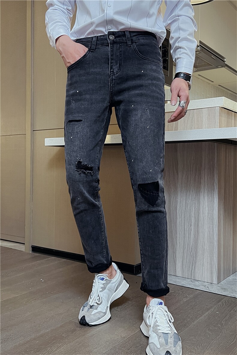 B230复古做旧泼墨甩漆破洞补丁修身小脚牛仔裤男长期款7710P90,男装牛仔裤,电商B230