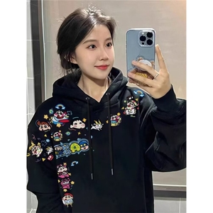 蜡笔小新卡通连帽卫衣男女秋冬加绒加厚美式复古潮牌情侣装外套图片