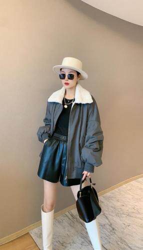 仿羊羔毛领短款派克服，女装，肆尔