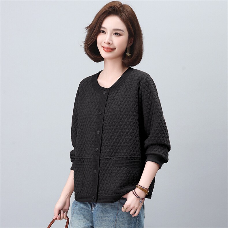 女圆领休闲百搭宽松显瘦韩版春装棒球服女铜扣记空气棉菱格外套,女装短外套,独衣靓