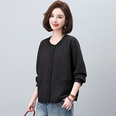 女圆领休闲百搭宽松显瘦韩版春装棒球服女铜扣记空气棉菱格外套，女装短外套，独衣靓