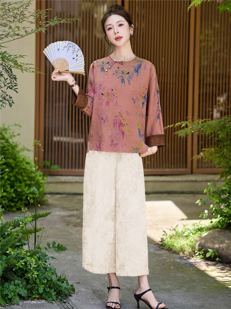 长期有货2026夏装新款印花复古提花天丝休闲两件套装女中式阔腿裤,女装套装/套裙,璐依舞