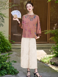 长期有货2026夏装新款印花复古提花天丝休闲两件套装女中式阔腿裤图片