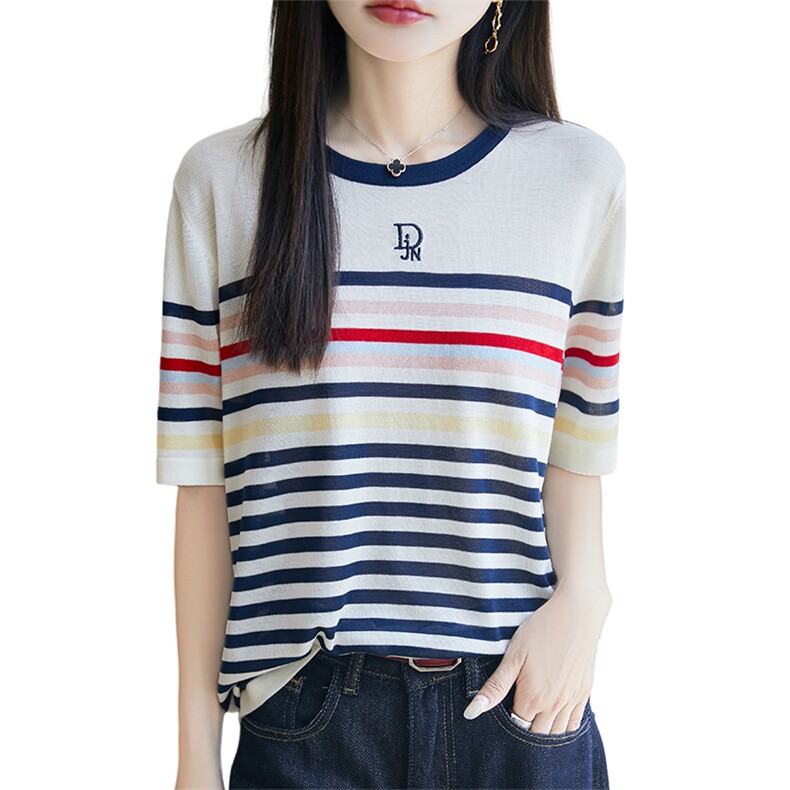 拼色圆领100%莱赛尔天丝针织短袖T恤女刺绣字母半袖宽松打底上衣,针织衫/毛衣,郡淞羊绒