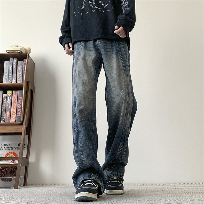 破洞2024宽松复古牛仔裤直筒裤715-6-BK818P65，男装牛仔裤，星座715-6