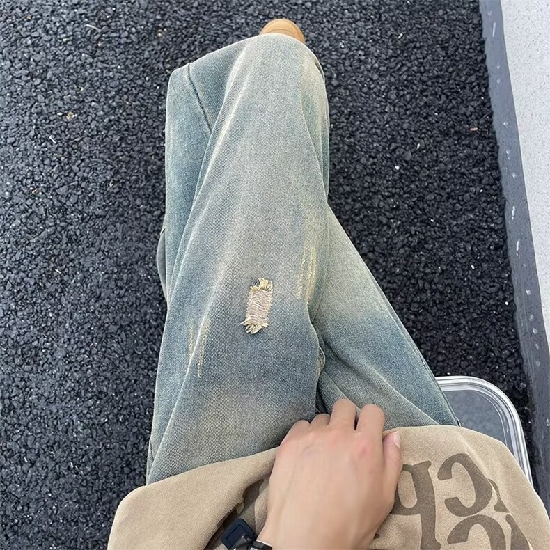 港风复古破洞牛仔裤夏季宽松直筒阔腿长裤小众拼接做旧乞丐裤P43,男装牛仔裤,星座1116-2
