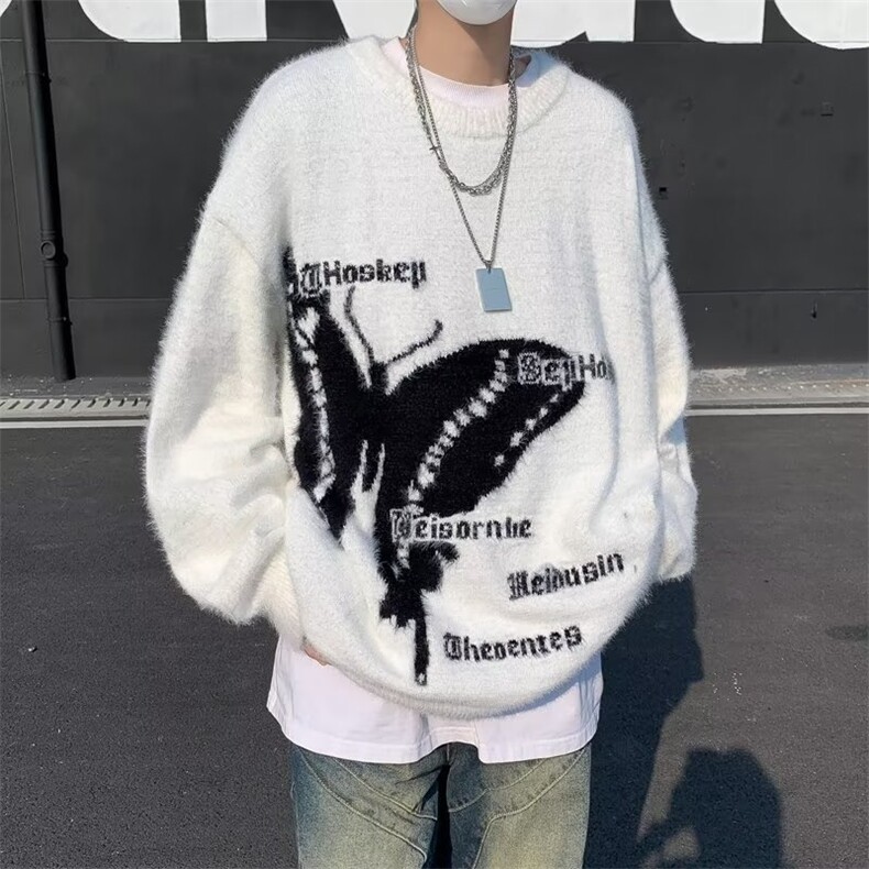 潮牌美式复古仿水貂毛蝴蝶毛衣男秋冬慵懒风针织衫上衣,男装针织衫/毛衣,星座716-2