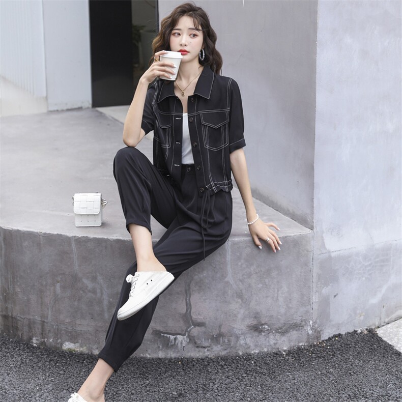 时尚显瘦黑色套装女2024新款气质百搭两件套,女装套装/套裙,笃写