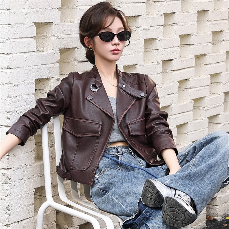 2024新款安哥拉色立领小皮衣女短款机车百搭修身外套夹克春秋装，女装皮衣，美拉德工厂直营店