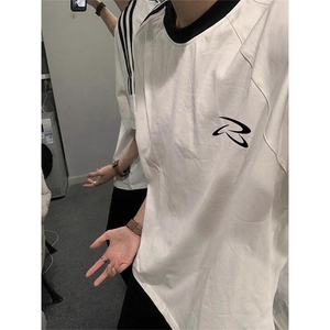 夏季美式高街重磅纯棉三条杠织带撞色男女短袖T恤ZD625-特P30图片